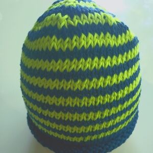 Glow-in-Dark Handknit Cotton Striped Beanie- Neon And Navy